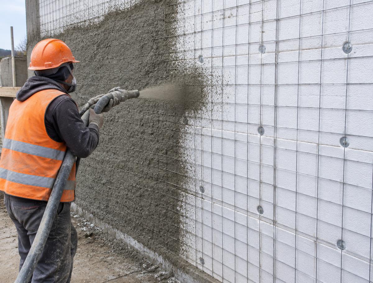 Projeção de argamassa e concreto sobre painel de EPS formando parede estrutural